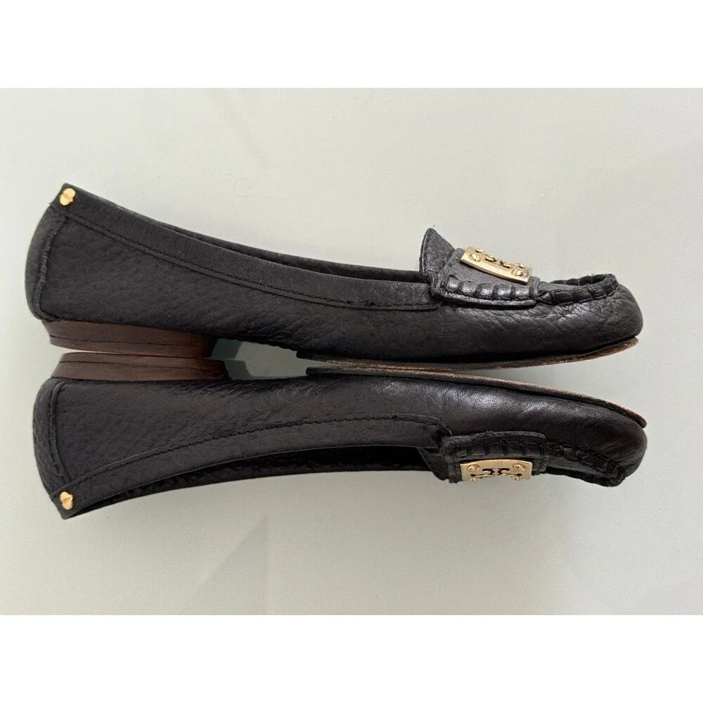 ✿ Tory Burch Black Leather Logo Ballet Flats Gold Plate Size 8M